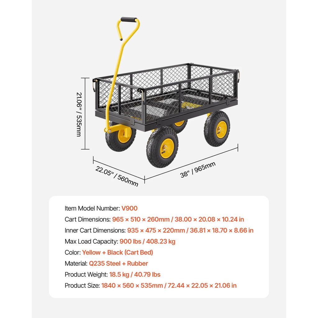 KFFKFF Mesh Steel Garden Cart 900 Lbs, 38 x 22 " Heavy Duty Utility Wagon Cart, Metal Garden Trolley with 10" Wheels, Removable Mesh Sides, 180 Swiveling Handle (Green)
