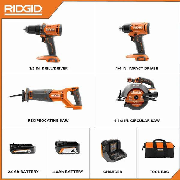 18V Cordless 4-Tool Combo Kit with 4.0 Ah Battery, 2.0 Ah Battery, Charger, Bag and 18V Drywall Cut-Out Tool