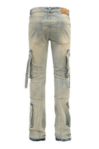 Men's 2-Tone Color Block Washed Stacked Flare Cargo Pants