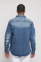 Distressed Denim Button Up Shirt Jacket
