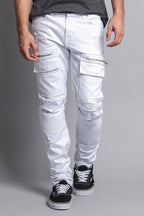 Faded Zipper Cut Cargo Pocket Biker Jeans