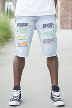 Multi Color Crystal Embellished Denim Shorts