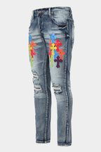 Ripped Jeweled Pu Cross Denim Jeans