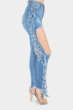Destroyed High Rise Fringe Denim Jeans