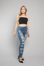 Double Distressed Denim Skinny Jeans