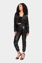 Faux Leather Cropped Jacket High Rise Jogger Set