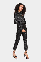 Faux Leather Cropped Jacket High Rise Jogger Set
