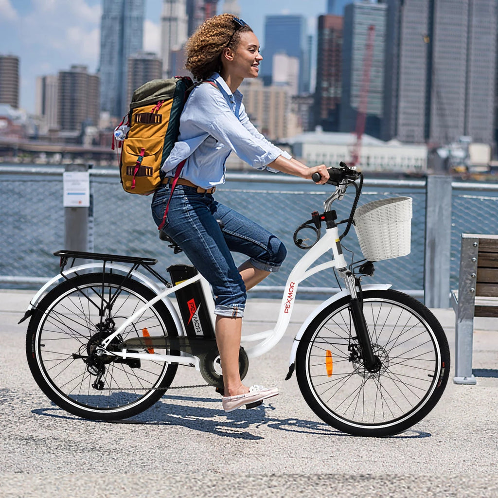 PEXMOR Electric Bike for Adults 350W (Peak 500W) City Commuter Ebike 36V 12.5AH Removable Battery 26" Cruiser Electric Bicycle Shimano 6-Speed | Dual Shock Absorber | Basket
