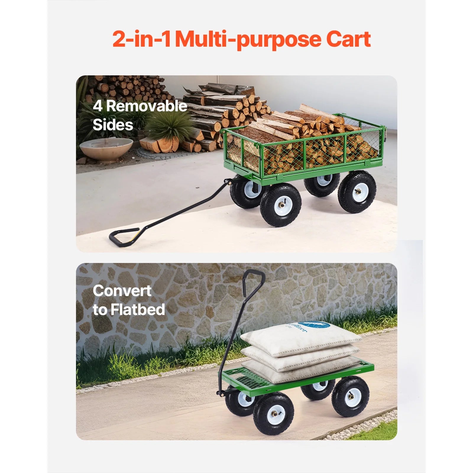 KFFKFF Mesh Steel Garden Cart 900 Lbs, 38 x 22 " Heavy Duty Utility Wagon Cart, Metal Garden Trolley with 10" Wheels, Removable Mesh Sides, 180 Swiveling Handle (Green)