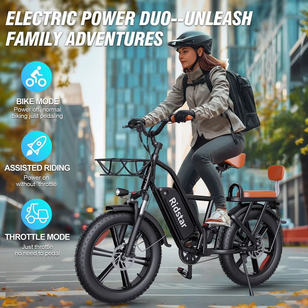 Electric Bike for Adults750W 30-70Miles 48V 15AH Removable Battery Ebike 20" x 4.0 Fat Tire Beach Commuting E-Bike 2 Seater W/Fork Suspension UL2849
