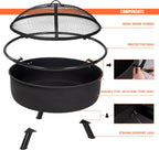 SUNCREAT 42” Patio Fire Pit Wood Burning with Mesh Spark Screen, Bonfire Outdoor firepit with Fireplace Poker, Black