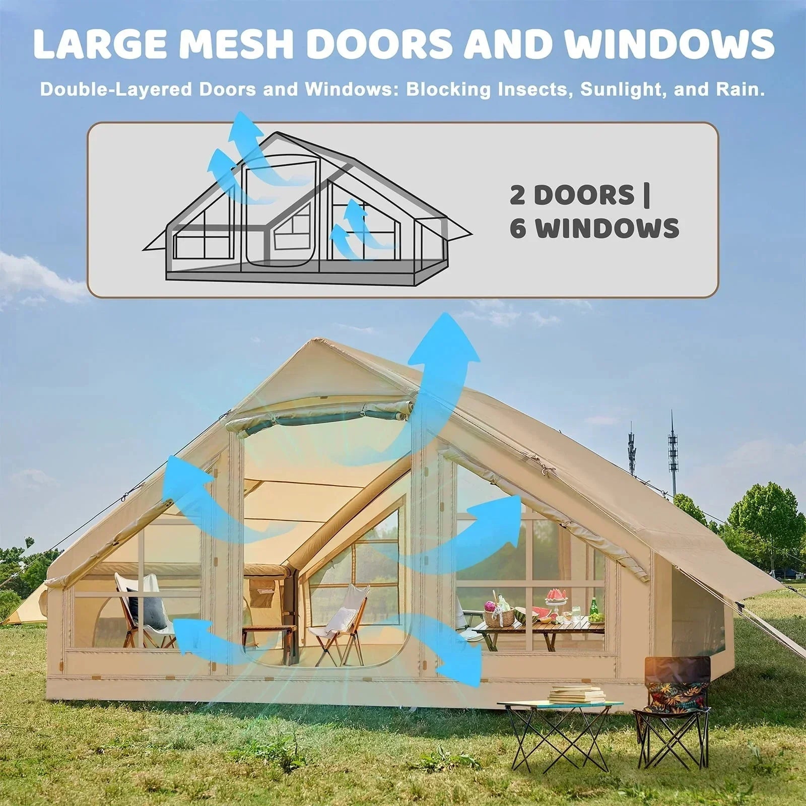 6 Person Inflatable Camping Tent with Pump, 10ft x7ft Glamping Family Tent Easy Setup 4 Season Waterproof Windproof Outdoor Blow Up Tent Luxury Oxford Cabin with Mesh Windows & Doors sgtnighsdesigns