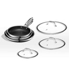 HexClad 6 Piece Hybrid Stainless Steel Cookware Pan Set 8 inch 10 inch 12 inch with Glass Lids Size: One size Black