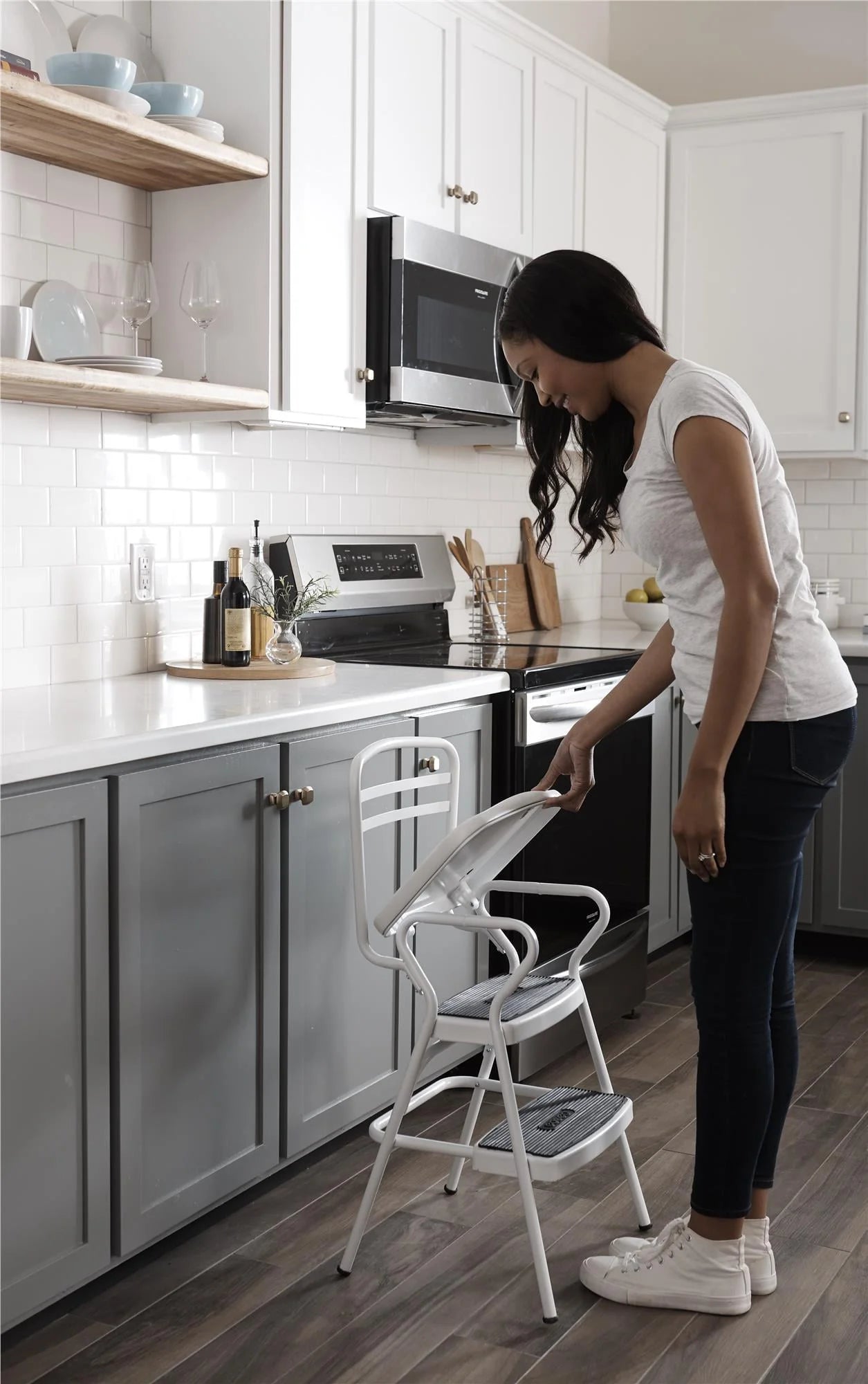 COSCO Stylaire Retro Chair + Step Stool with flip-up seat (white, one pack)