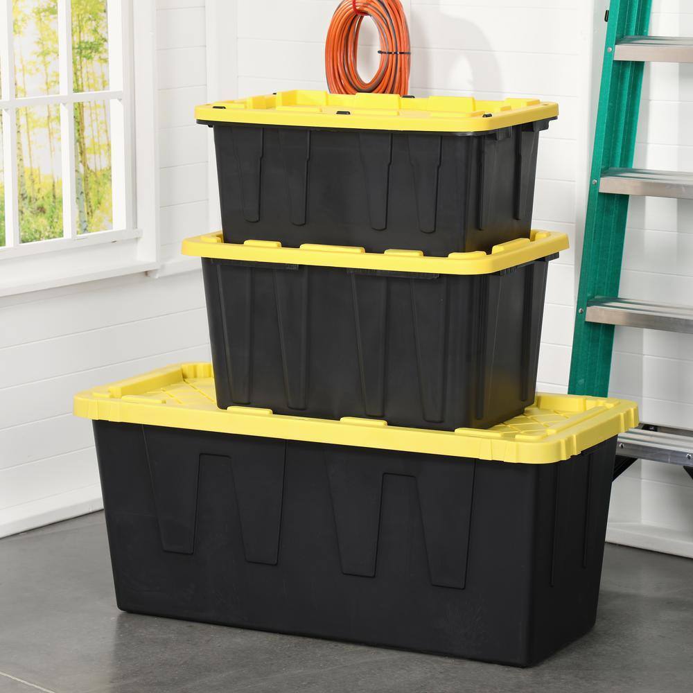 HDX 27-Gallon Black Stackable Waterproof Storage Tote with Yellow Lid, 5-Pack