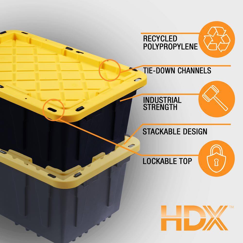 HDX 27-Gallon Black Stackable Waterproof Storage Tote with Yellow Lid, 5-Pack