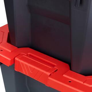 Husky 45 Gal. Heavy Duty Stackable Storage Tote with Wheels, Lockable Black Base & Red Lid