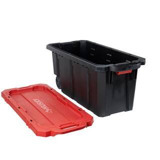 Husky 45 Gal. Heavy Duty Stackable Storage Tote with Wheels, Lockable Black Base & Red Lid