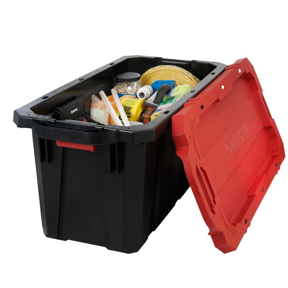 Husky 45 Gal. Heavy Duty Stackable Storage Tote with Wheels, Lockable Black Base & Red Lid