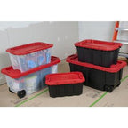 Husky 45 Gal. Heavy Duty Stackable Storage Tote with Wheels, Lockable Black Base & Red Lid