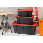 Husky 45 Gal. Heavy Duty Stackable Storage Tote with Wheels, Lockable Black Base & Red Lid