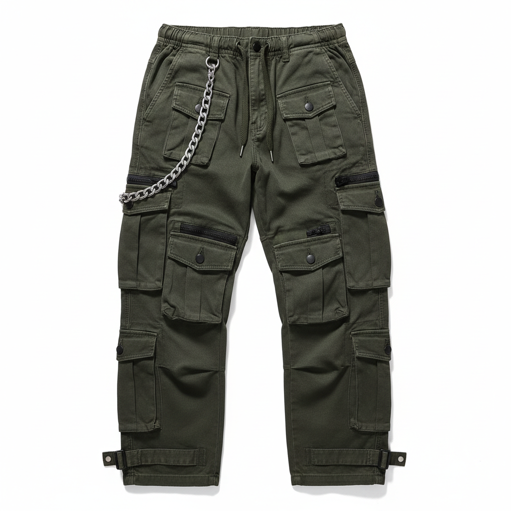 Dark olive green rock festival cargo pants with chain detail