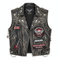 Black leather biker vest with metal studs and rock patches