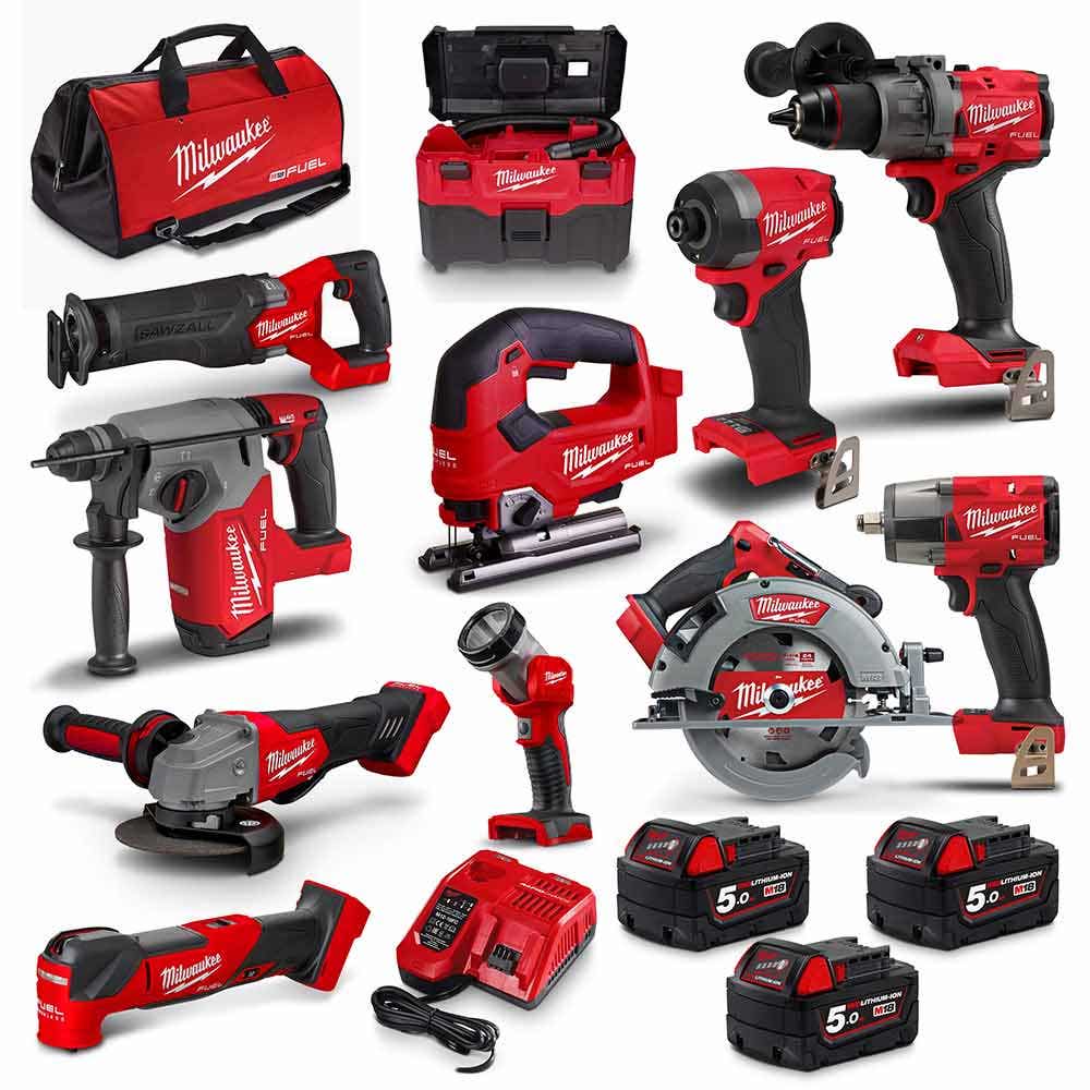 Milwaukee 18V FUEL 11-Piece Brushless Combo Kit M18FPP11A3503B, 3x 5.0Ah Batteries, Cordless Power Tools Set
