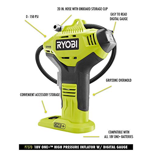 RYOBI ONE+ Cordless Air Inflator with Digital Gauge, 18V Lithium-Ion Battery, Portable Tire Pump