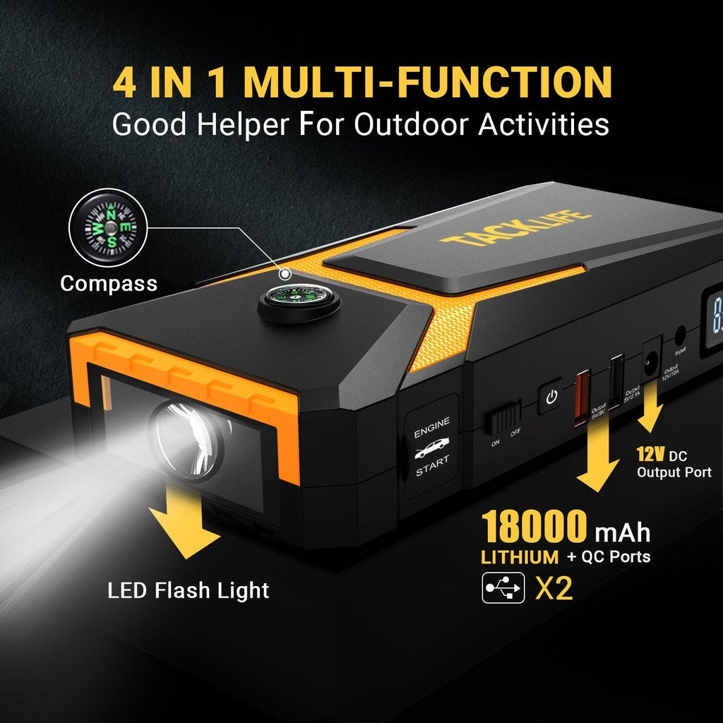 TACKLIFE T8 Car Jump Starter 800A 18000mAh for 7.0L Gas & 5.5L Diesel, 12V Battery Booster with Quick Charge & Safety Features