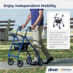 Drive Medical 4-Wheel Rollator Walker, Foldable, Padded Seat & Backrest, 6-Inch Wheels, Blue